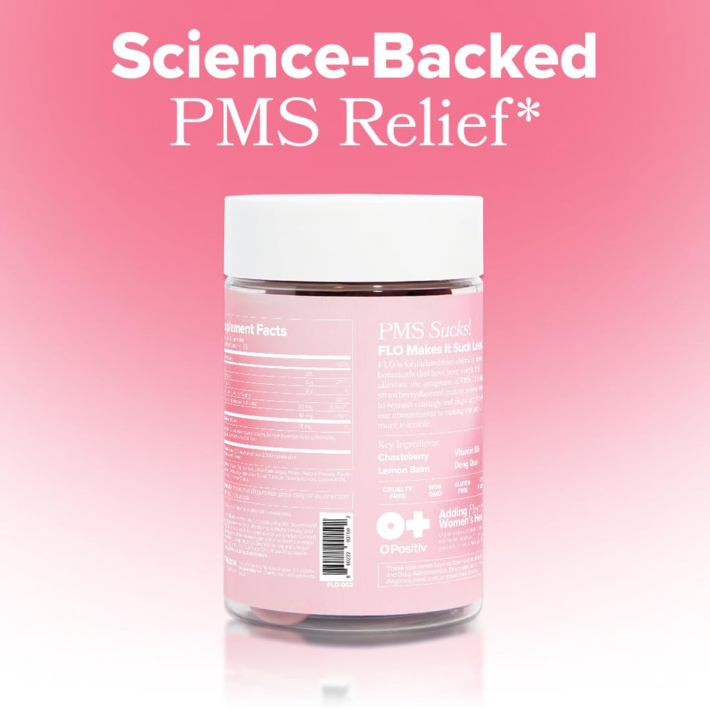 O Positiv FLO PMS Gummies for Women - Proactive PMS Relief - Targets Hormonal Breakouts, Bloating, Cramps, & Mood Swings with Chasteberry - FENGGESTORE20