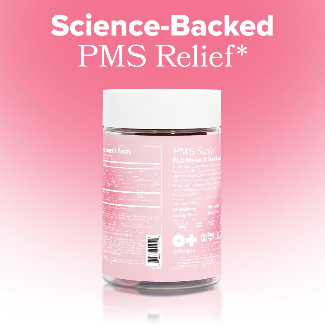 O Positiv FLO PMS Gummies for Women - Proactive PMS Relief - Targets Hormonal Breakouts, Bloating, Cramps, & Mood Swings with Chasteberry - FENGGESTORE20