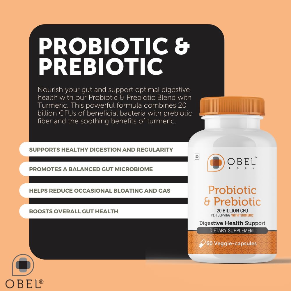 obel Probiotic & Prebiotic Supplement with Turmeric | 20 Billion CFU | 60 Capsules (30 Day Supply) | 4 Strains | Supports Digestion - FENGGESTORE20