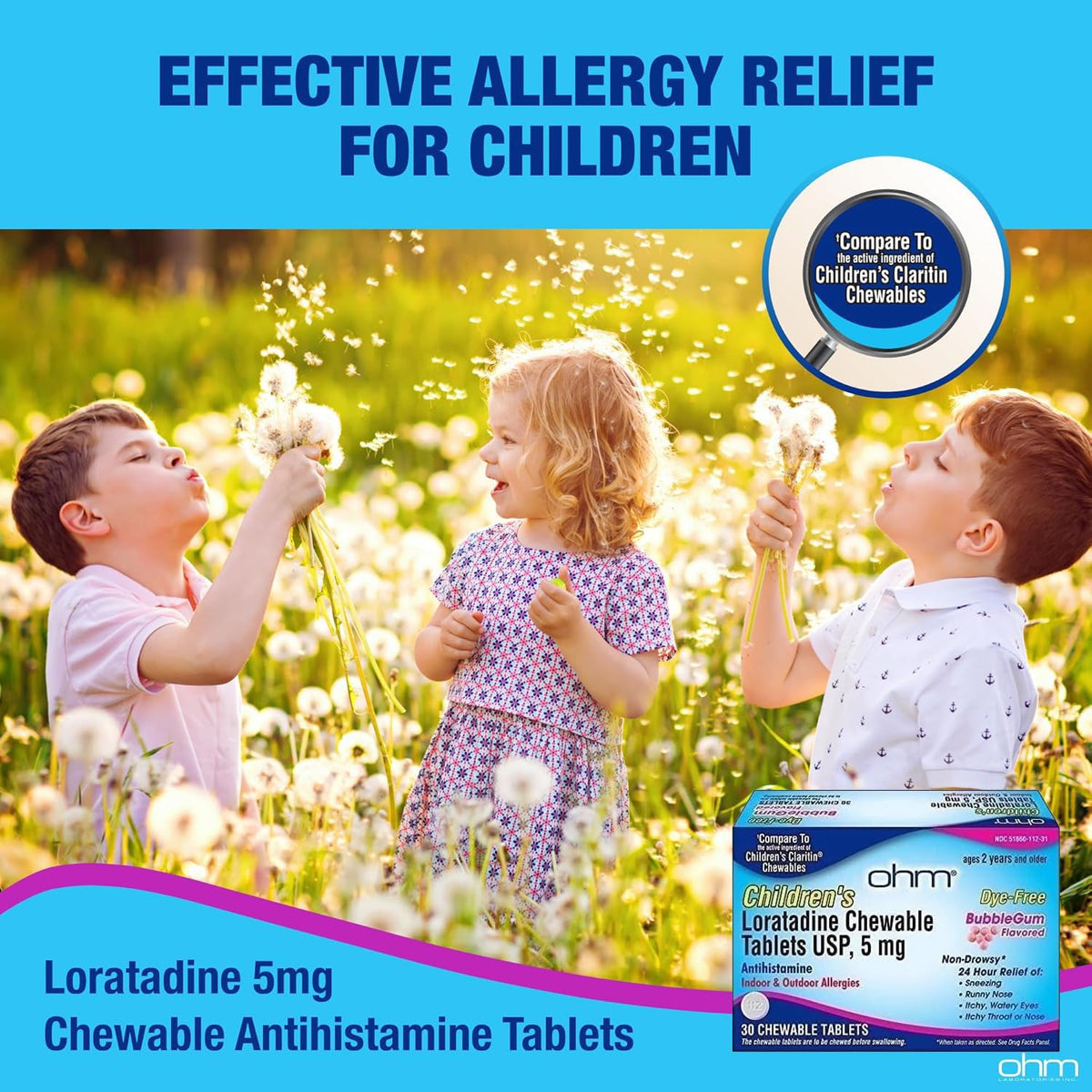 Ohm Children's Allergy Medicine, Loratadine 5mg, Chewable Tablets (30 Count) Bubblegum Flavor, Non-Drowsy Antihistamine, 24-Hour Allergy Relief for Runny Nose, Watery Eyes, Itchy Throat & Nose - FENGGESTORE20