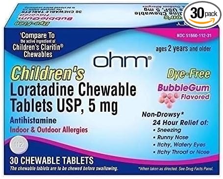 Ohm Children's Allergy Medicine, Loratadine 5mg, Chewable Tablets (30 Count) Bubblegum Flavor, Non-Drowsy Antihistamine, 24-Hour Allergy Relief for Runny Nose, Watery Eyes, Itchy Throat & Nose - FENGGESTORE20