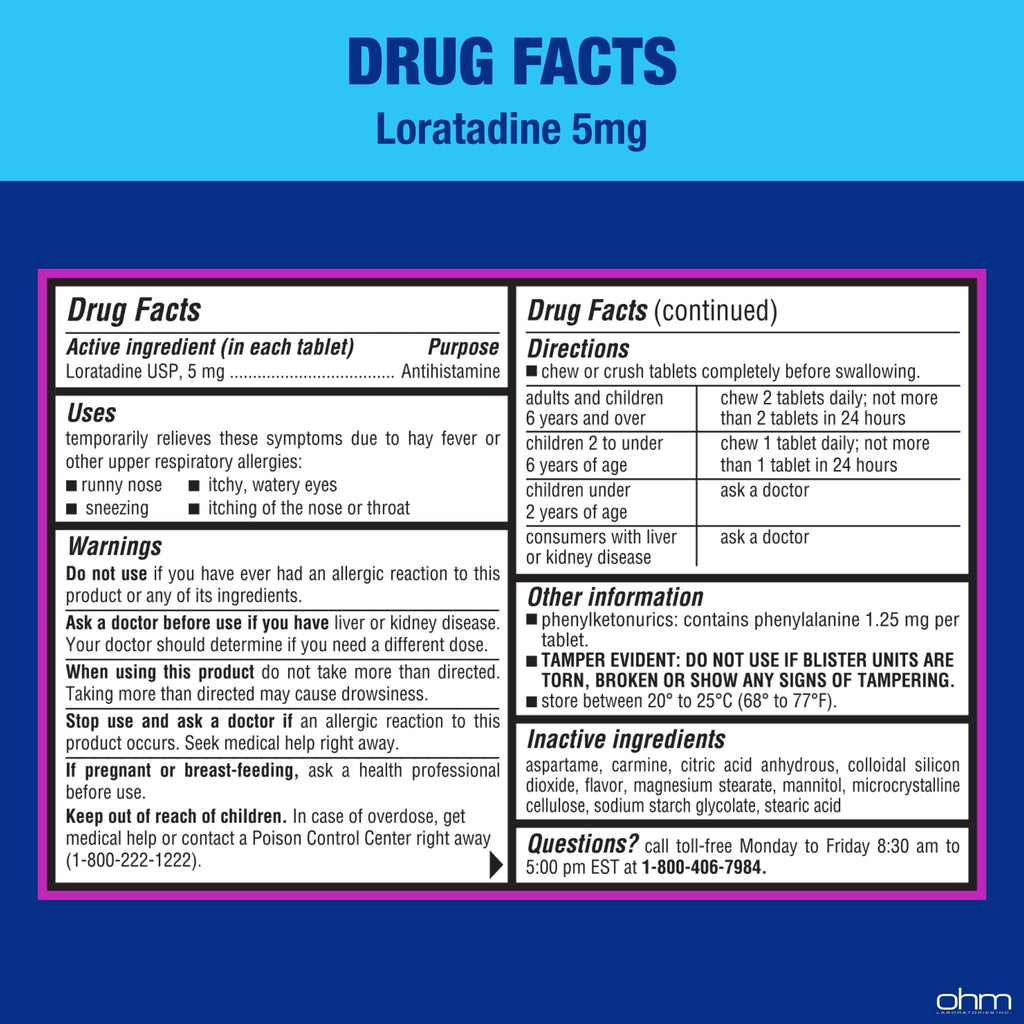 Ohm Children's Allergy Medicine, Loratadine 5mg, Chewable Tablets (30 Count) Bubblegum Flavor, Non-Drowsy Antihistamine, 24-Hour Allergy Relief for Runny Nose, Watery Eyes, Itchy Throat & Nose - FENGGESTORE20