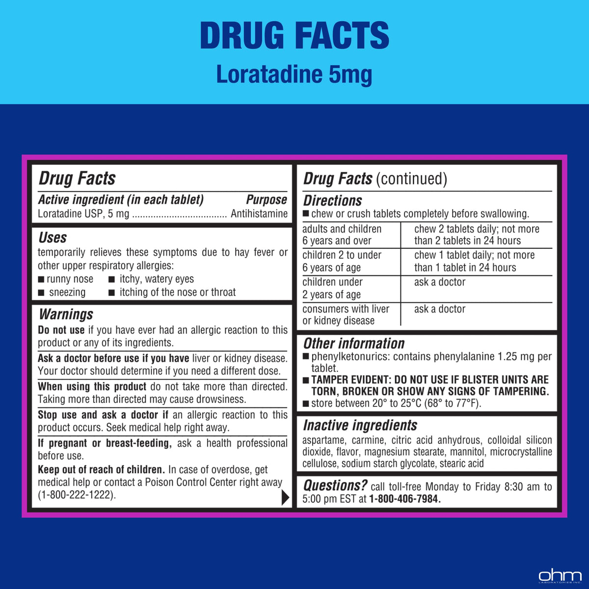 Ohm Children's Allergy Medicine, Loratadine 5mg, Chewable Tablets (30 Count) Bubblegum Flavor, Non-Drowsy Antihistamine, 24-Hour Allergy Relief for Runny Nose, Watery Eyes, Itchy Throat & Nose - FENGGESTORE20