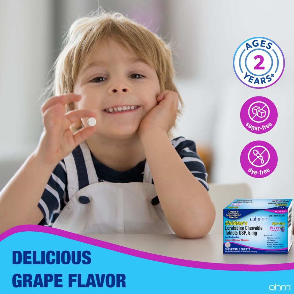 Ohm Children's Allergy Medicine, Loratadine 5mg, Chewable Tablets (30 Count) Grape Flavor, Non-Drowsy Antihistamine, 24-Hour Allergy Relief for Runny Nose, Watery Eyes, Itchy Throat & Nose - FENGGESTORE20