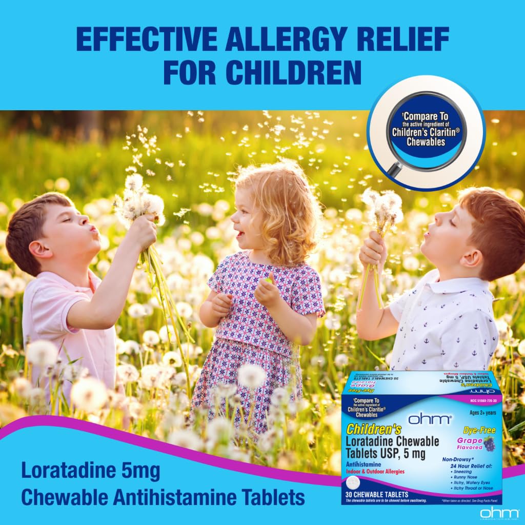 Ohm Children's Allergy Medicine, Loratadine 5mg, Chewable Tablets (30 Count) Grape Flavor, Non-Drowsy Antihistamine, 24-Hour Allergy Relief for Runny Nose, Watery Eyes, Itchy Throat & Nose - FENGGESTORE20