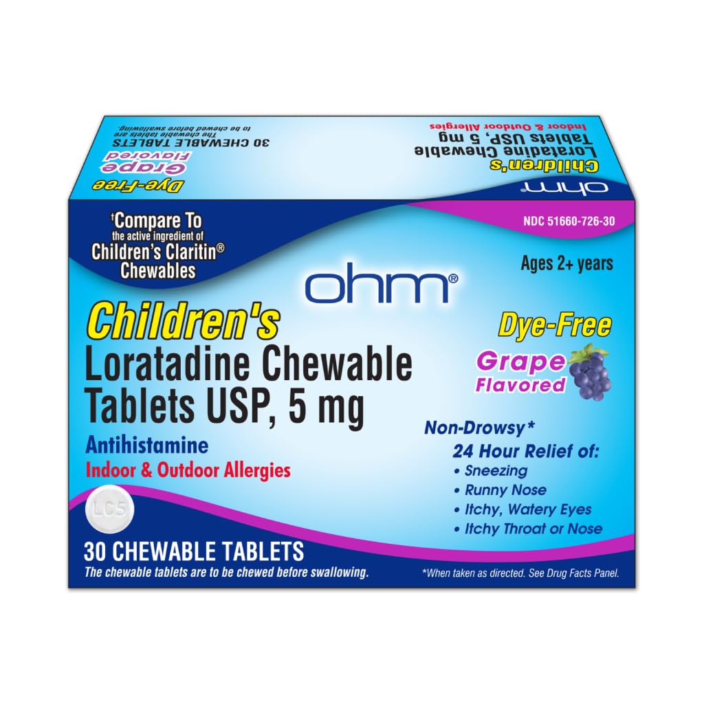 Ohm Children's Allergy Medicine, Loratadine 5mg, Chewable Tablets (30 Count) Grape Flavor, Non-Drowsy Antihistamine, 24-Hour Allergy Relief for Runny Nose, Watery Eyes, Itchy Throat & Nose - FENGGESTORE20