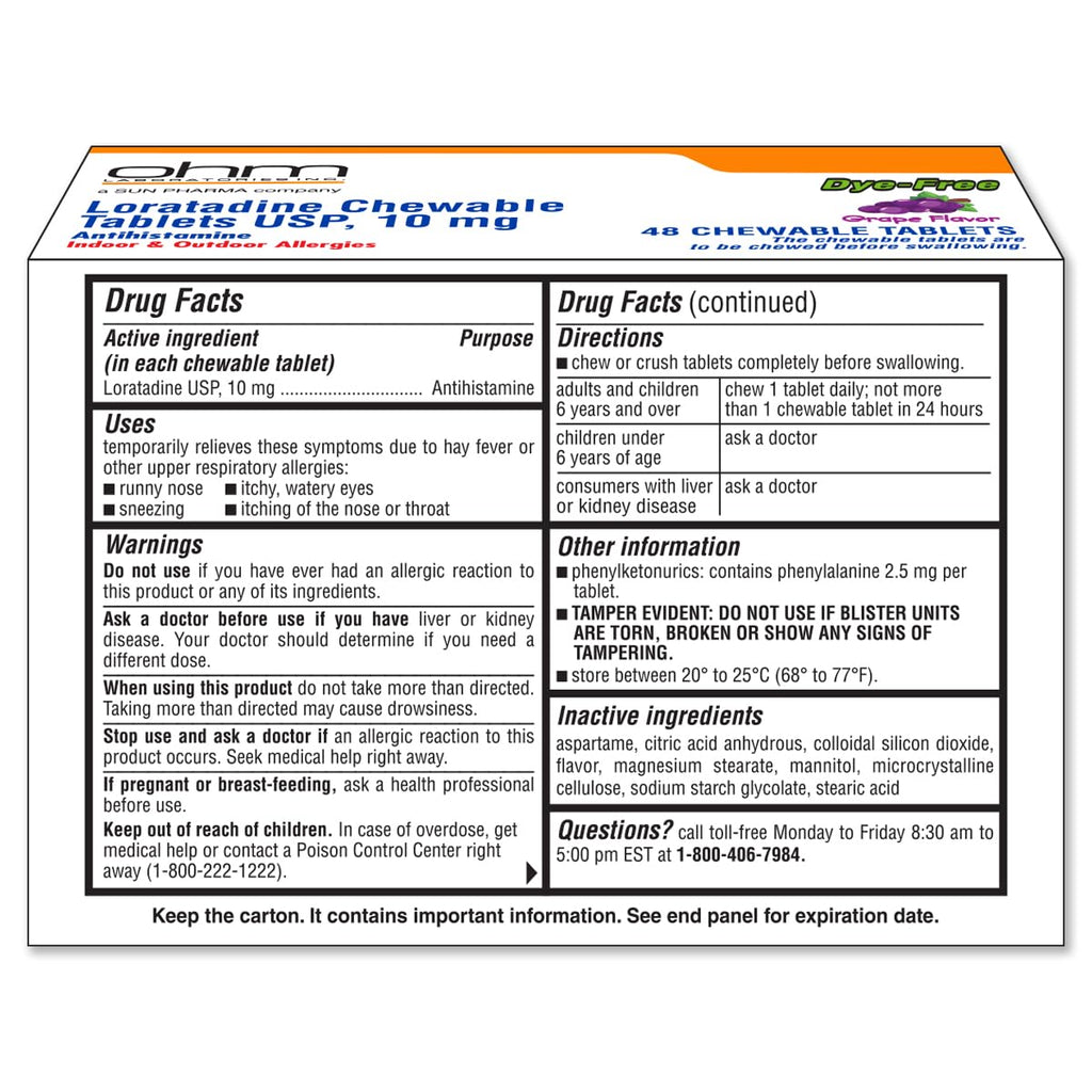 Ohm Loratadine 10mg, Chewable Tablets, Non-Drowsy Antihistamine for Indoor & Outdoor Allergies | Grape Flavor, Dye-Free, Allergy Relief (Large, 48, Count) - FENGGESTORE20