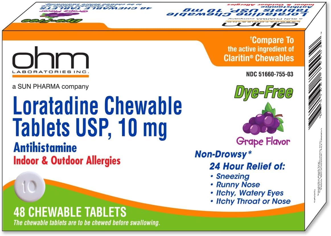 Ohm Loratadine 10mg, Chewable Tablets, Non-Drowsy Antihistamine for Indoor & Outdoor Allergies | Grape Flavor, Dye-Free, Allergy Relief (Large, 48, Count) - FENGGESTORE20