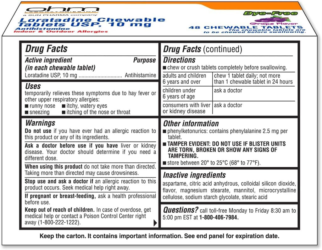 Ohm Loratadine 10mg, Chewable Tablets, Non-Drowsy Antihistamine for Indoor & Outdoor Allergies | Grape Flavor, Dye-Free, Allergy Relief (Large, 48, Count) - FENGGESTORE20