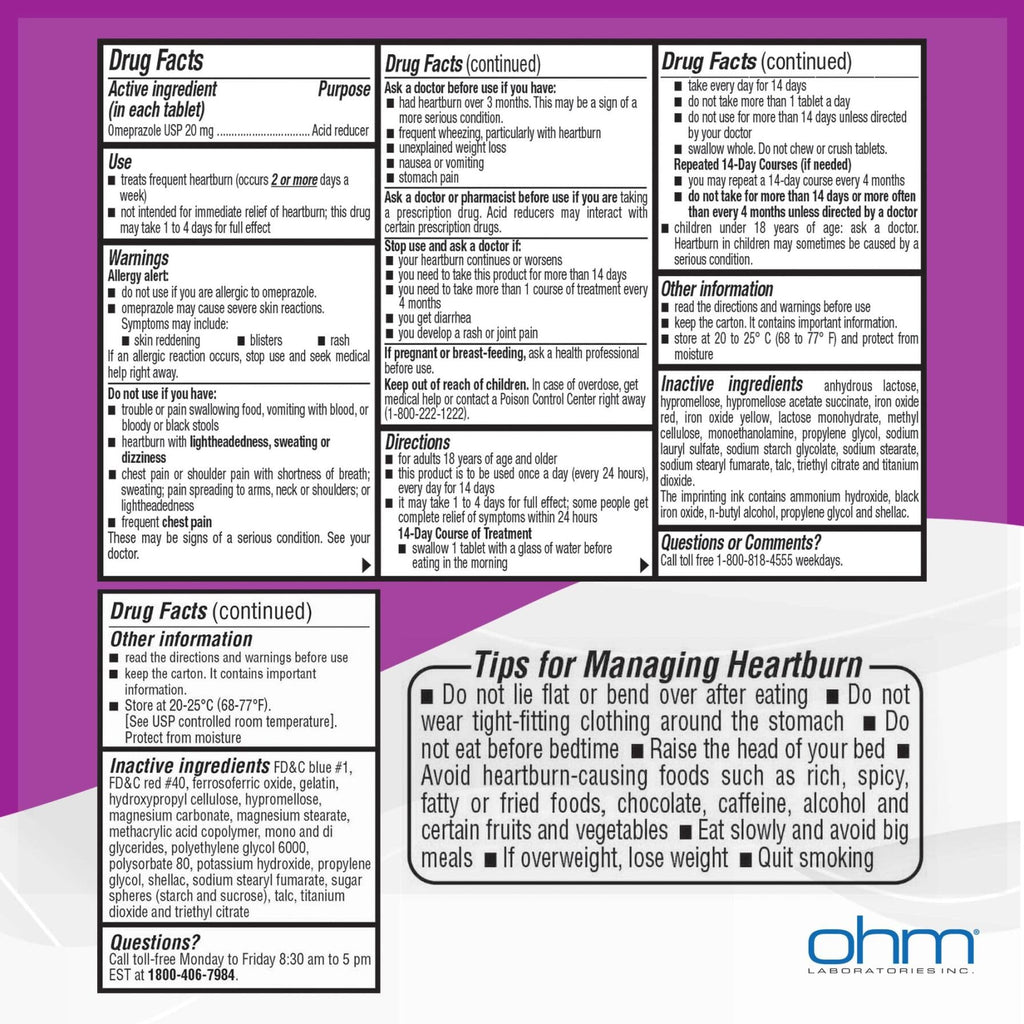 Ohm Omeprazole 20mg, 42 Delayed-Release Tablets, Acid Reducer for Frequent Heartburn, 24-Hour Relief Heartburn Medicine, Helps Relieve Stomach & Chest Discomfort (6 Weeks of Supply, 42, Count) - FENGGESTORE20