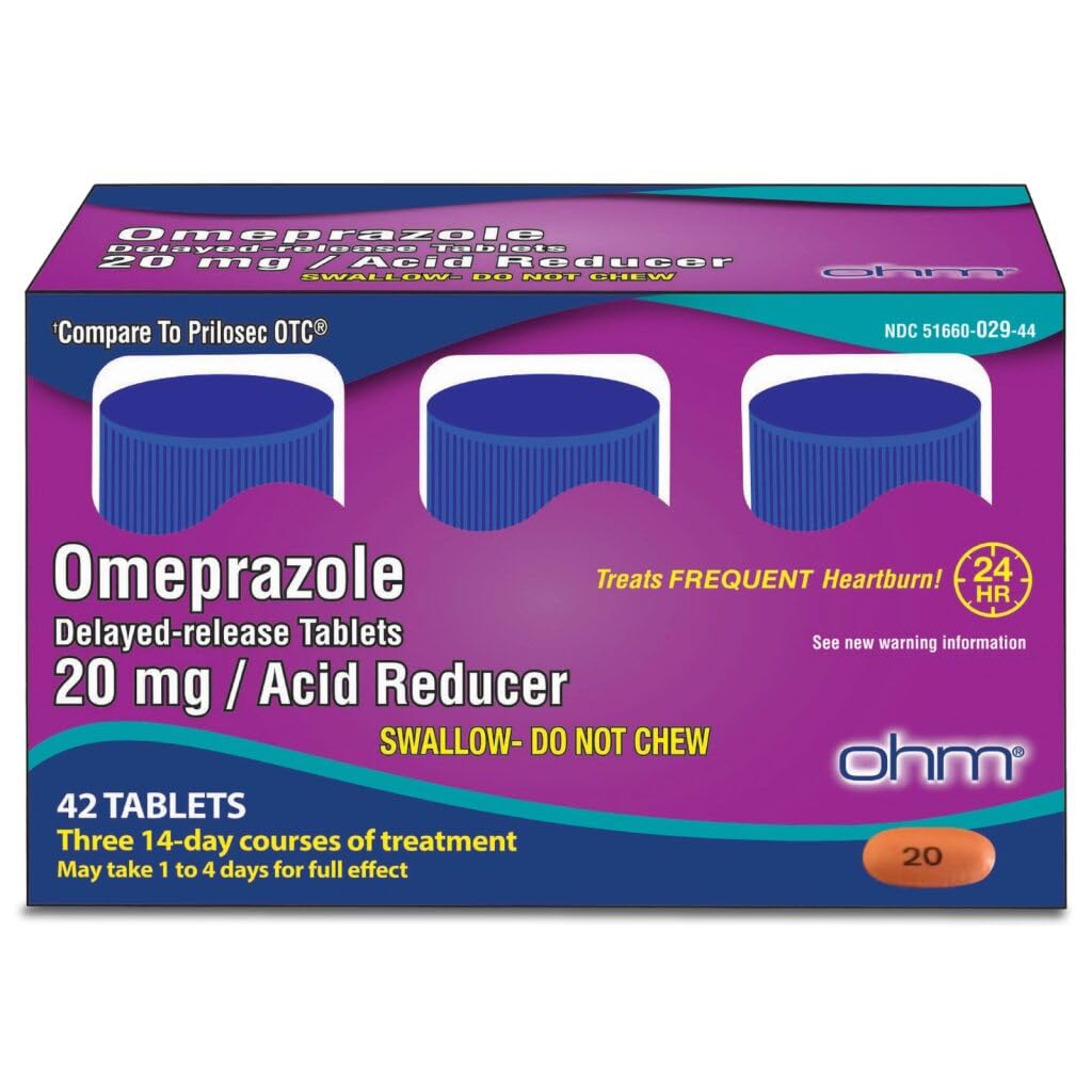 Ohm Omeprazole 20mg, 42 Delayed-Release Tablets, Acid Reducer for Frequent Heartburn, 24-Hour Relief Heartburn Medicine, Helps Relieve Stomach & Chest Discomfort (6 Weeks of Supply, 42, Count) - FENGGESTORE20