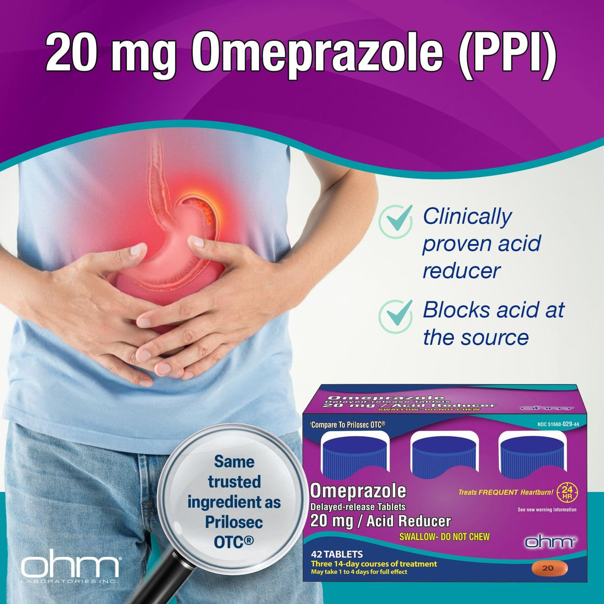 Ohm Omeprazole 20mg, 42 Delayed-Release Tablets, Acid Reducer for Frequent Heartburn, 24-Hour Relief Heartburn Medicine, Helps Relieve Stomach & Chest Discomfort (6 Weeks of Supply, 42, Count) - FENGGESTORE20