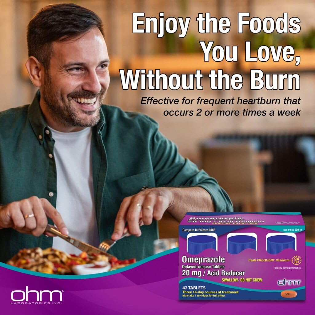 Ohm Omeprazole Delayed-Release Tablets, 20mg Acid Reducer, Treats Frequent Heartburn (12 Weeks of Supply, 84, Count) - FENGGESTORE20