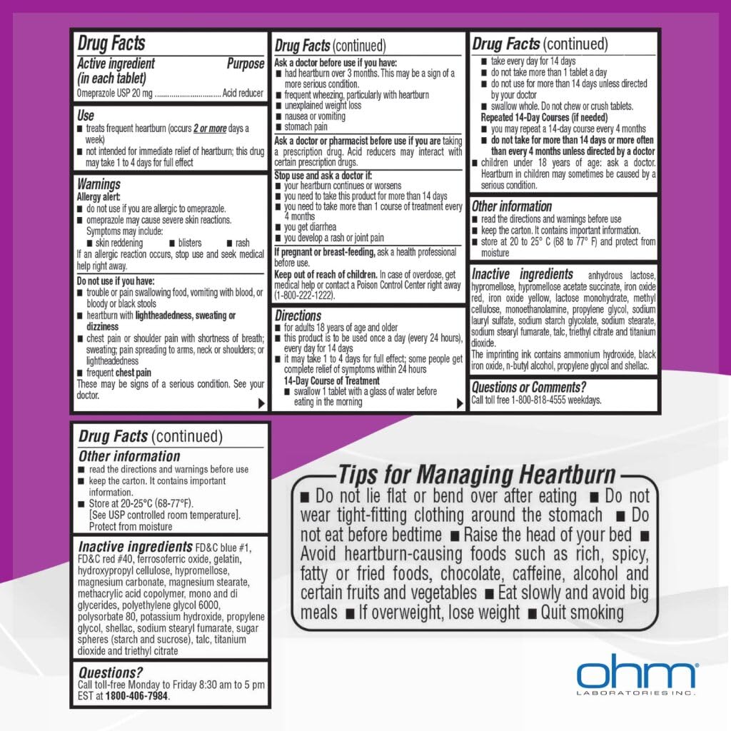 Ohm Omeprazole Delayed-Release Tablets, 20mg Acid Reducer, Treats Frequent Heartburn (12 Weeks of Supply, 84, Count) - FENGGESTORE20