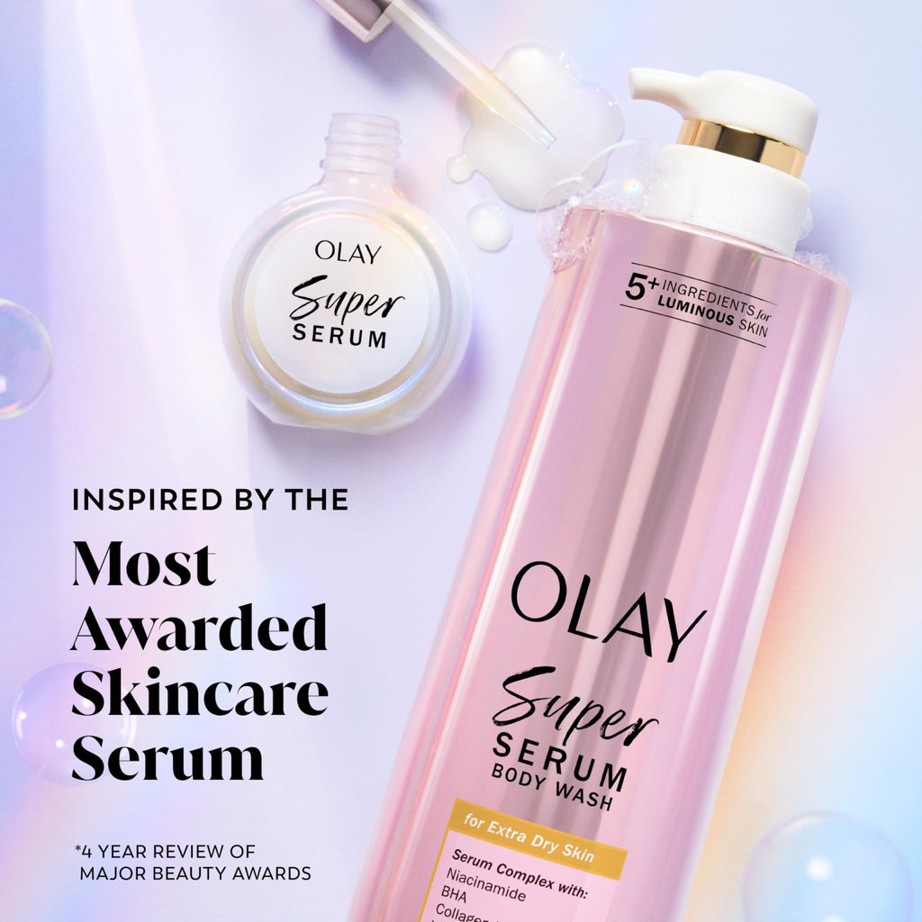 Olay Super Serum Body Wash for Extra Dry Skin, 24hr Long Lasting Hydration, 5+ Ingredient - FENGGESTORE20