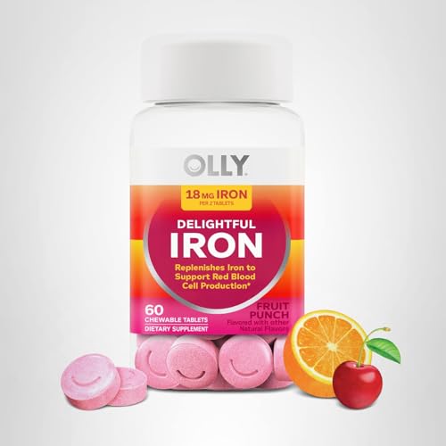 OLLY Delightful Iron Chewable Tablet, Iron Supplement from AB Fortis, Fruit Punch Flavored, 30 or 20 Day Supply - 60 Count - FENGGESTORE20