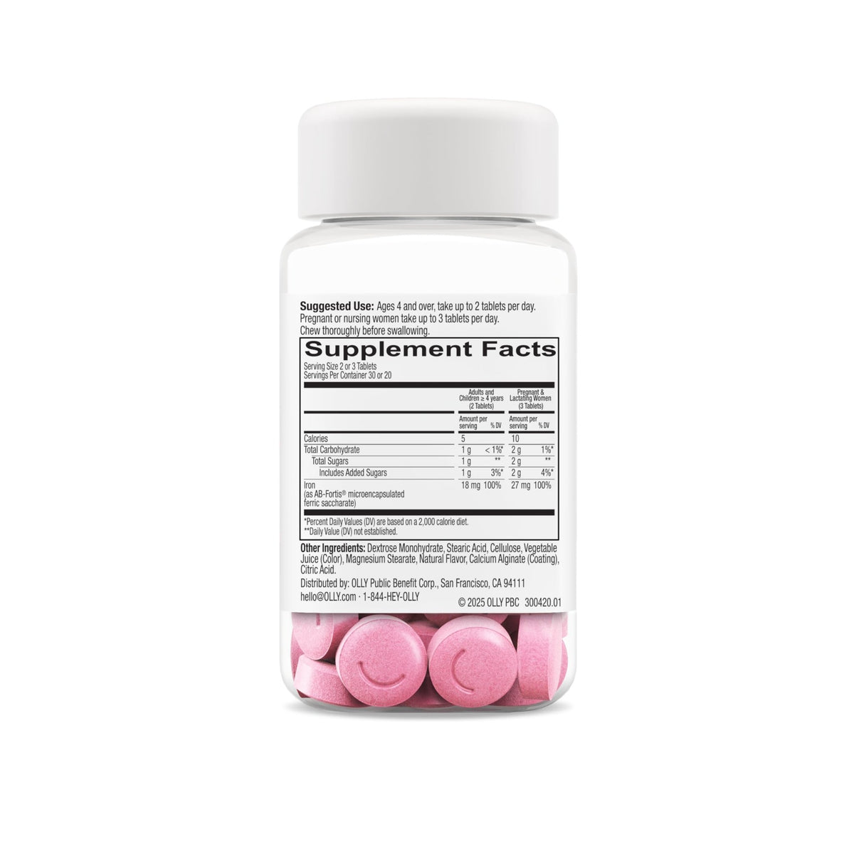 OLLY Delightful Iron Chewable Tablet, Iron Supplement from AB Fortis, Fruit Punch Flavored, 30 or 20 Day Supply - 60 Count - FENGGESTORE20