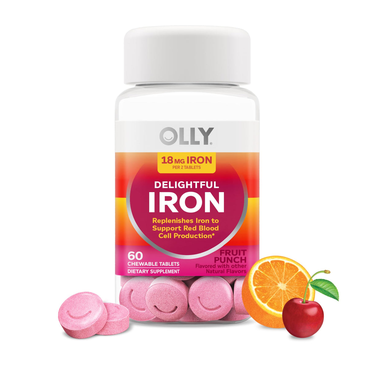 OLLY Delightful Iron Chewable Tablet, Iron Supplement from AB Fortis, Fruit Punch Flavored, 30 or 20 Day Supply - 60 Count - FENGGESTORE20
