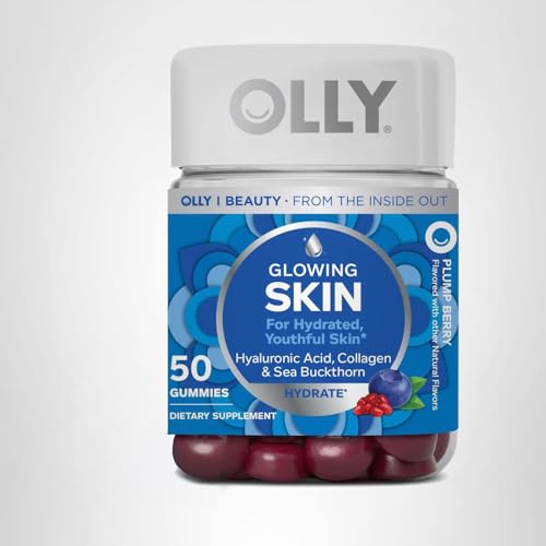 OLLY Glowing Skin Gummy, Hydrated & Youthful Skin,* Hyaluronic Acid, Collagen Peptides, Sea Buckthorn, Plump Berry Flavor - FENGGESTORE20
