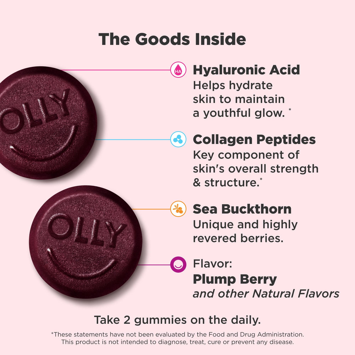 OLLY Glowing Skin Gummy, Hydrated & Youthful Skin,* Hyaluronic Acid, Collagen Peptides, Sea Buckthorn, Plump Berry Flavor - FENGGESTORE20