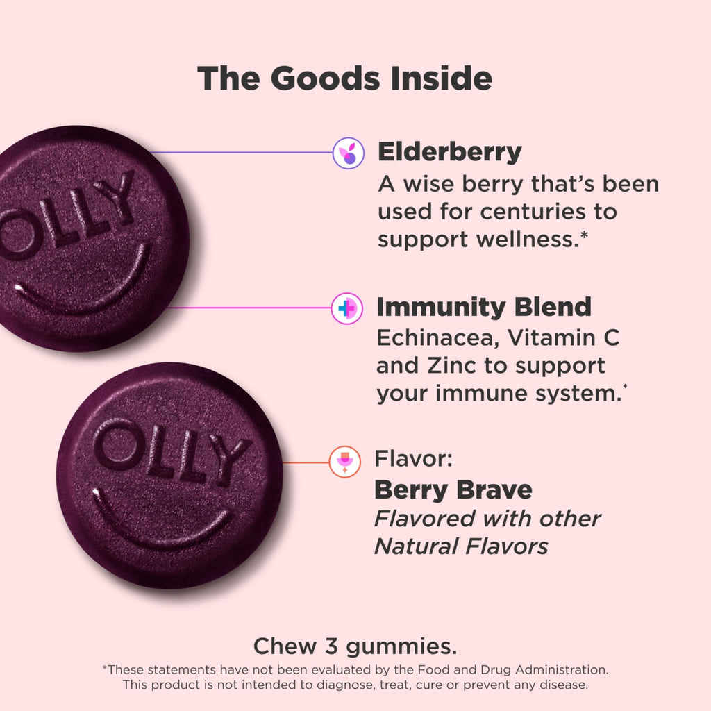 OLLY Immunity Gummy, Immune Support, Elderberry, Zinc, Vitamin C, Supplement, Berry Flavor, 15 Day Supply - 45 Count - FENGGESTORE20