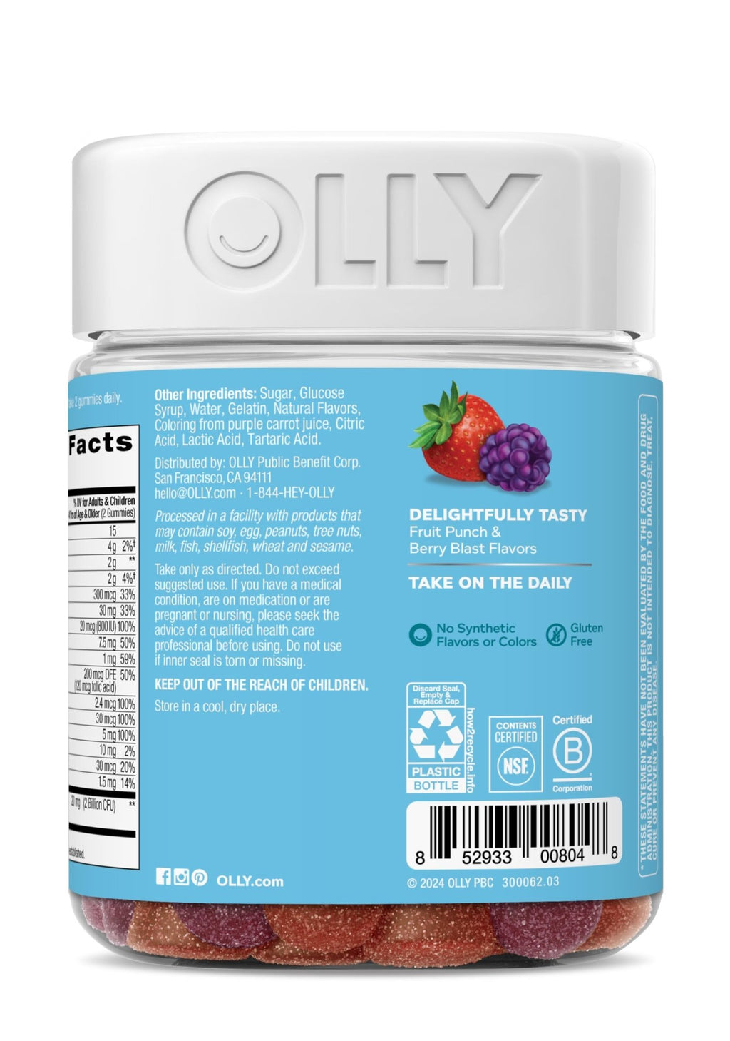 OLLY Kids Multivitamin & Probiotic Gummy, Digestive Support, Vitamins A, D, C, E, B, Zinc, Chewable Supplement, Berry Flavor, 50 day supply - 100 Count - FENGGESTORE20
