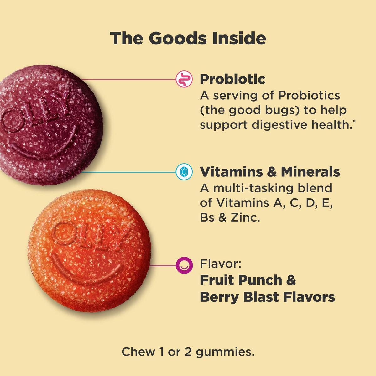 OLLY Kids Multivitamin & Probiotic Gummy, Digestive Support, Vitamins A, D, C, E, B, Zinc, Chewable Supplement, Berry Flavor, 50 day supply - 100 Count - FENGGESTORE20