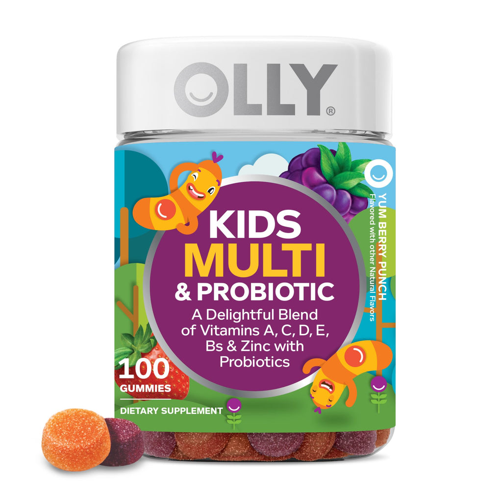 OLLY Kids Multivitamin & Probiotic Gummy, Digestive Support, Vitamins A, D, C, E, B, Zinc, Chewable Supplement, Berry Flavor, 50 day supply - 100 Count - FENGGESTORE20