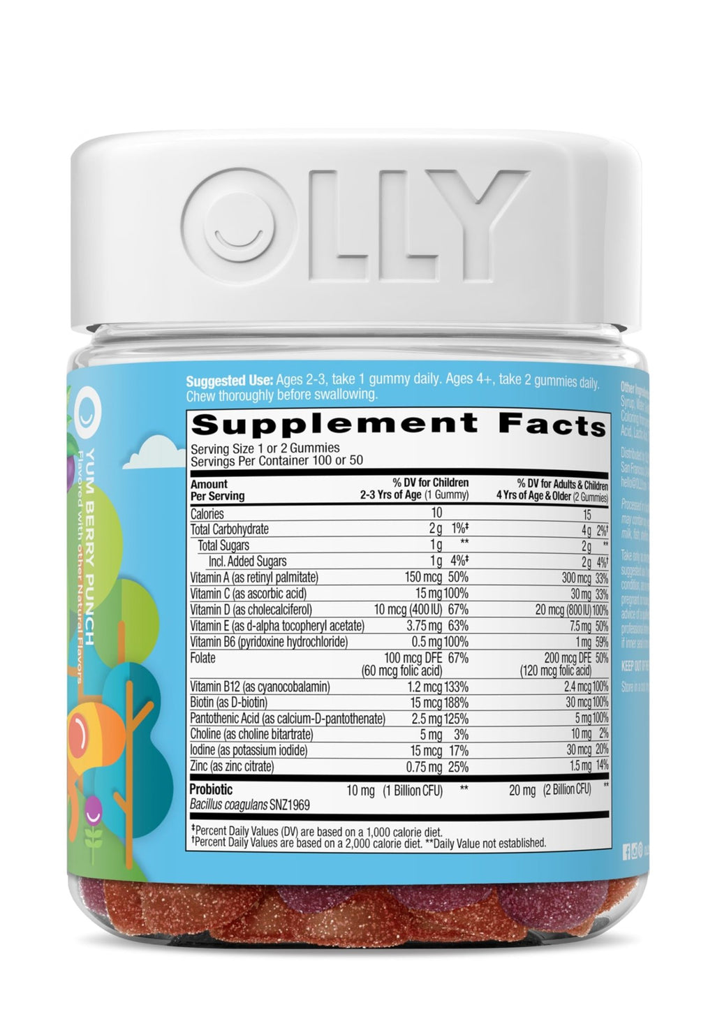 OLLY Kids Multivitamin & Probiotic Gummy, Digestive Support, Vitamins A, D, C, E, B, Zinc, Chewable Supplement, Berry Flavor, 50 day supply - 100 Count - FENGGESTORE20