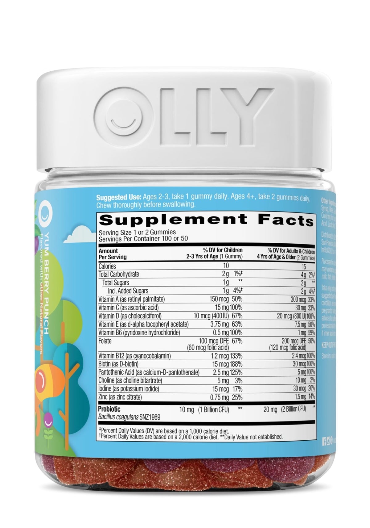 OLLY Kids Multivitamin & Probiotic Gummy, Digestive Support, Vitamins A, D, C, E, B, Zinc, Chewable Supplement, Berry Flavor, 50 day supply - 100 Count - FENGGESTORE20