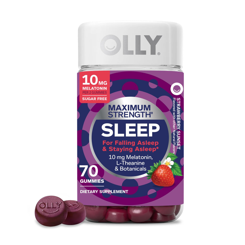 OLLY Max Strength Sleep Gummy, 10mg Melatonin, L-Theanine, Chamomile, Lemon Balm, Sugar Free, Vegetarian Sleep Aid, Strawberry - 70 Count - FENGGESTORE20