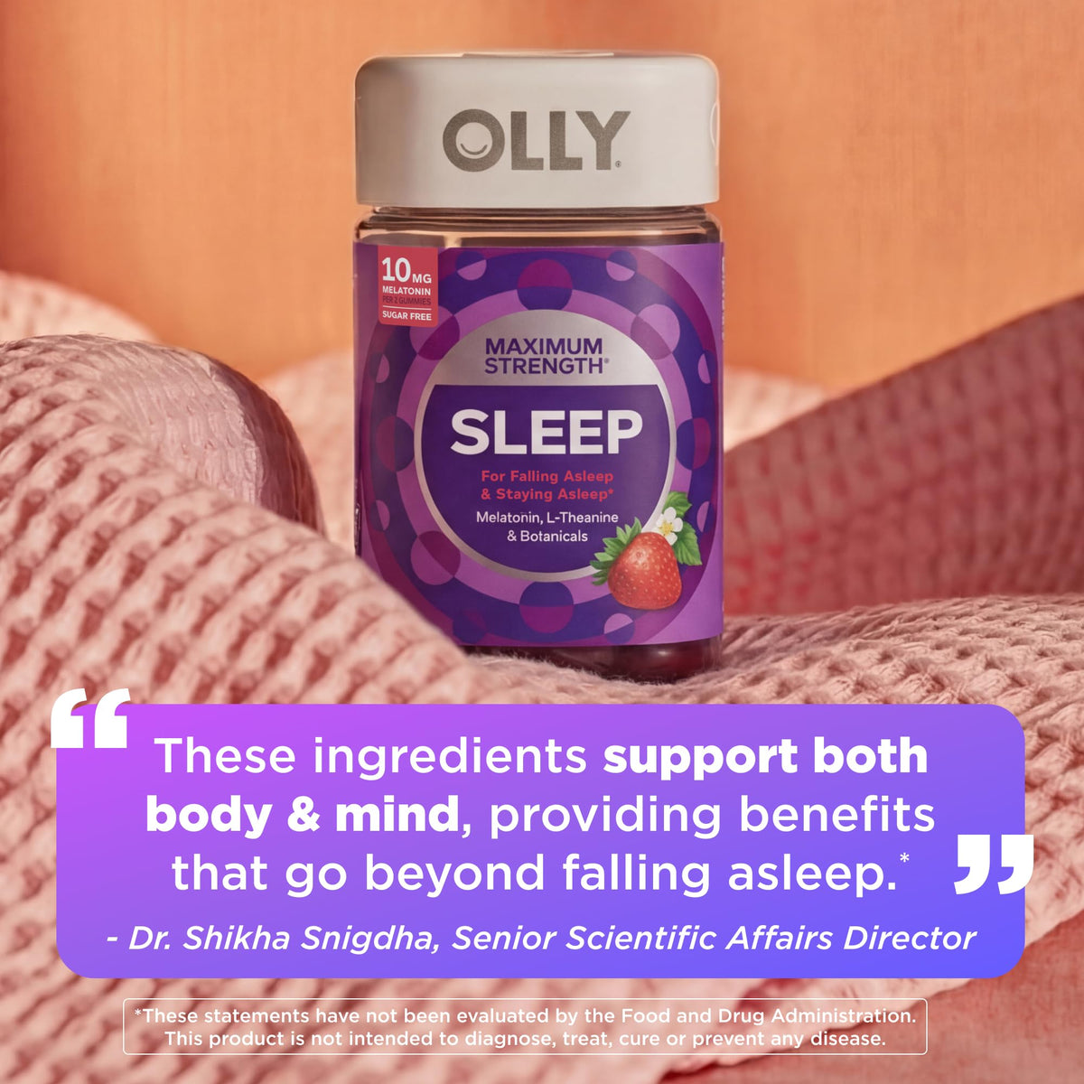 OLLY Max Strength Sleep Gummy, 10mg Melatonin, L-Theanine, Chamomile, Lemon Balm, Sugar Free, Vegetarian Sleep Aid, Strawberry - 70 Count - FENGGESTORE20