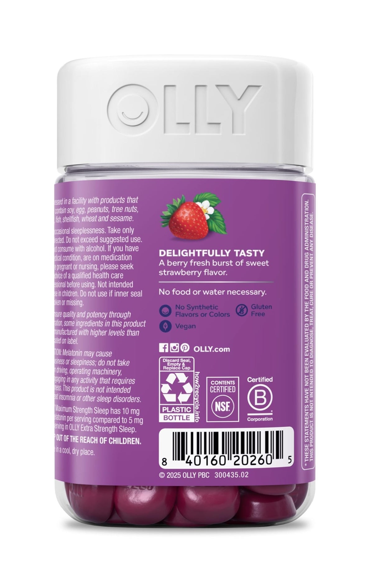 OLLY Max Strength Sleep Gummy, 10mg Melatonin, L-Theanine, Chamomile, Lemon Balm, Sugar Free, Vegetarian Sleep Aid, Strawberry - 70 Count - FENGGESTORE20