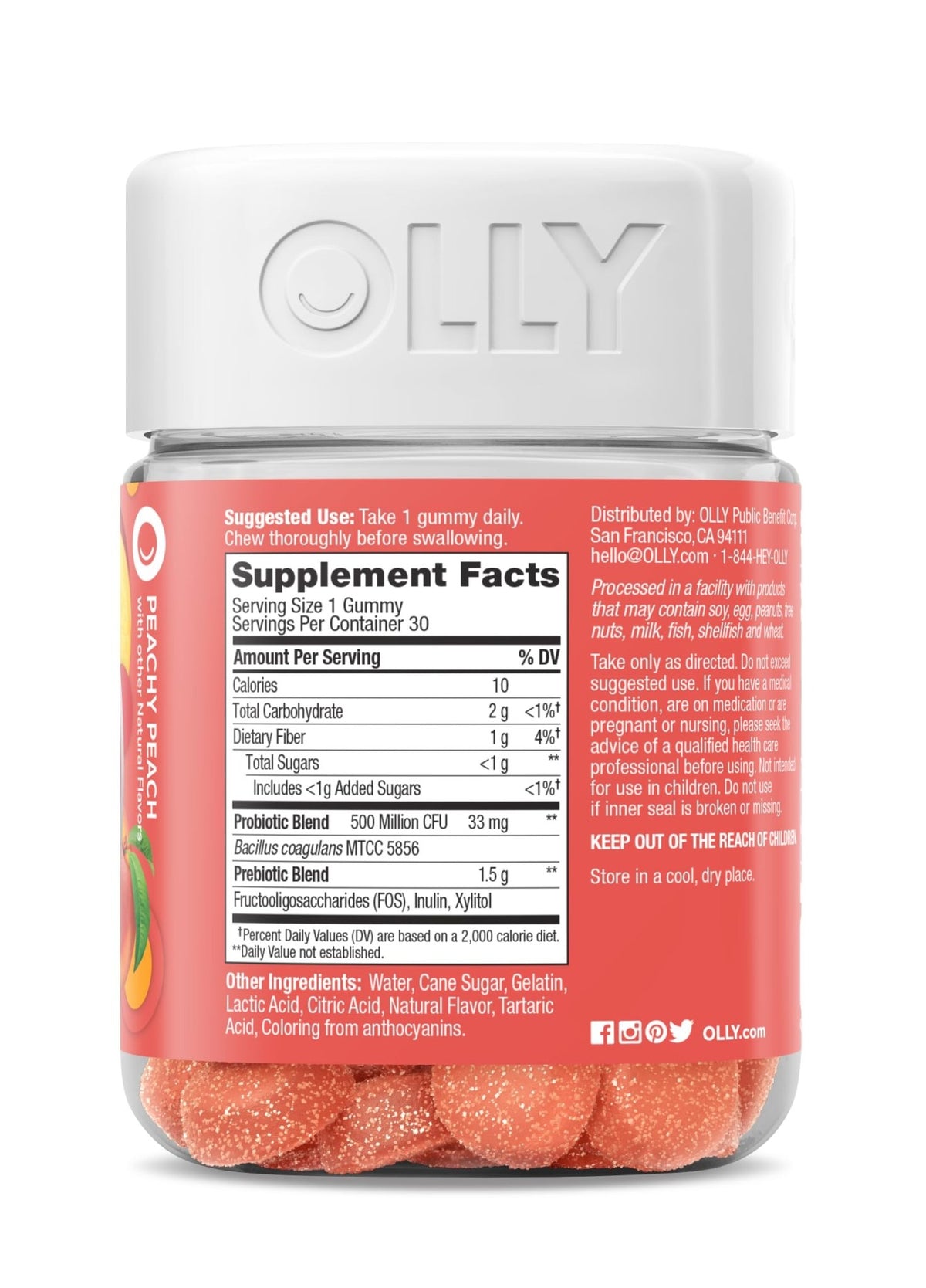 OLLY Probiotic + Prebiotic Gummy, Digestive Support and Gut Health, 500 Million CFUs, Fiber, Adult Chewable Supplement - FENGGESTORE20
