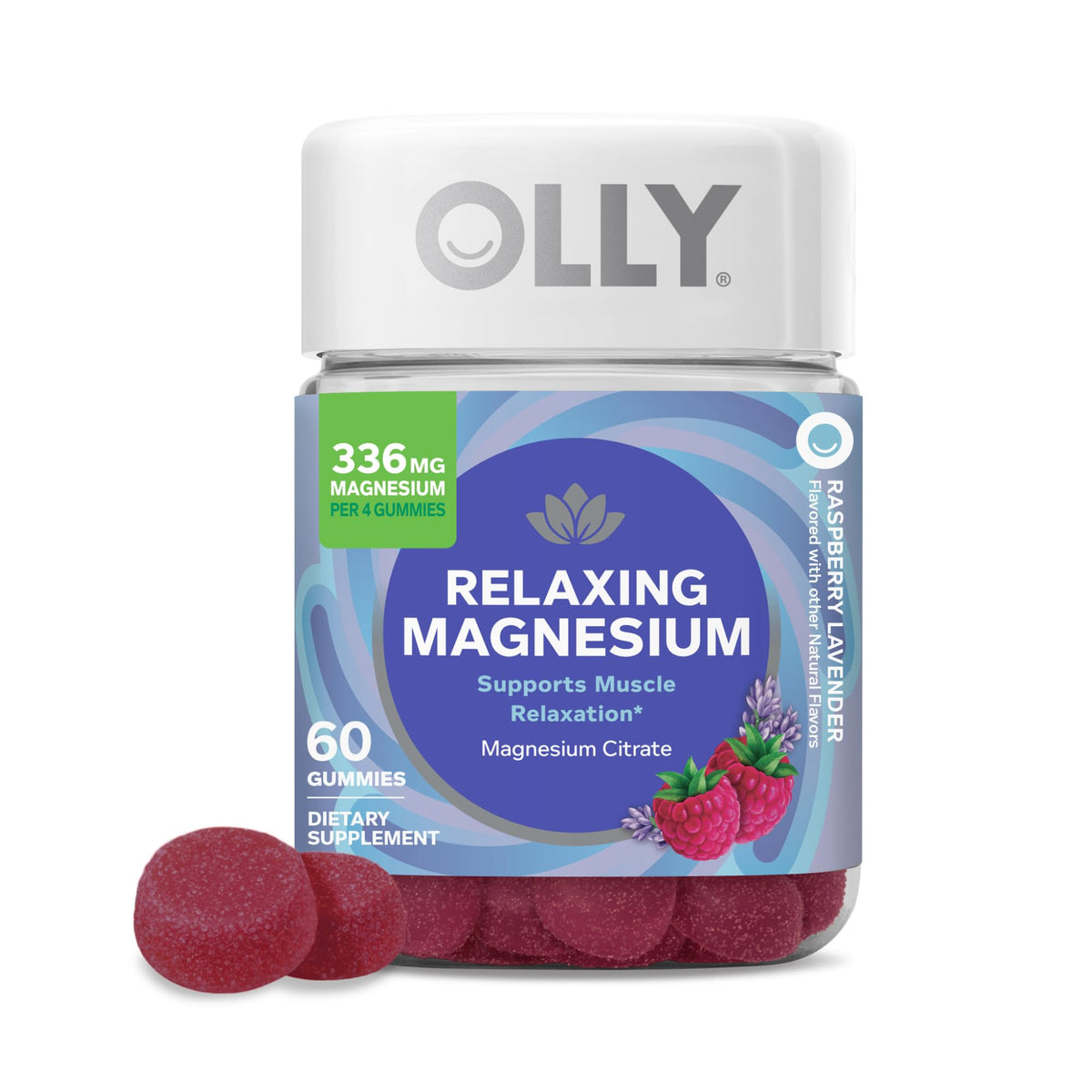 OLLY Relaxing Magnesium Gummies, Supports Muscle Relaxation*, Magnesium Citrate, Raspberry Lavender Flavor, 15 Day Supply - 60 Count - FENGGESTORE20