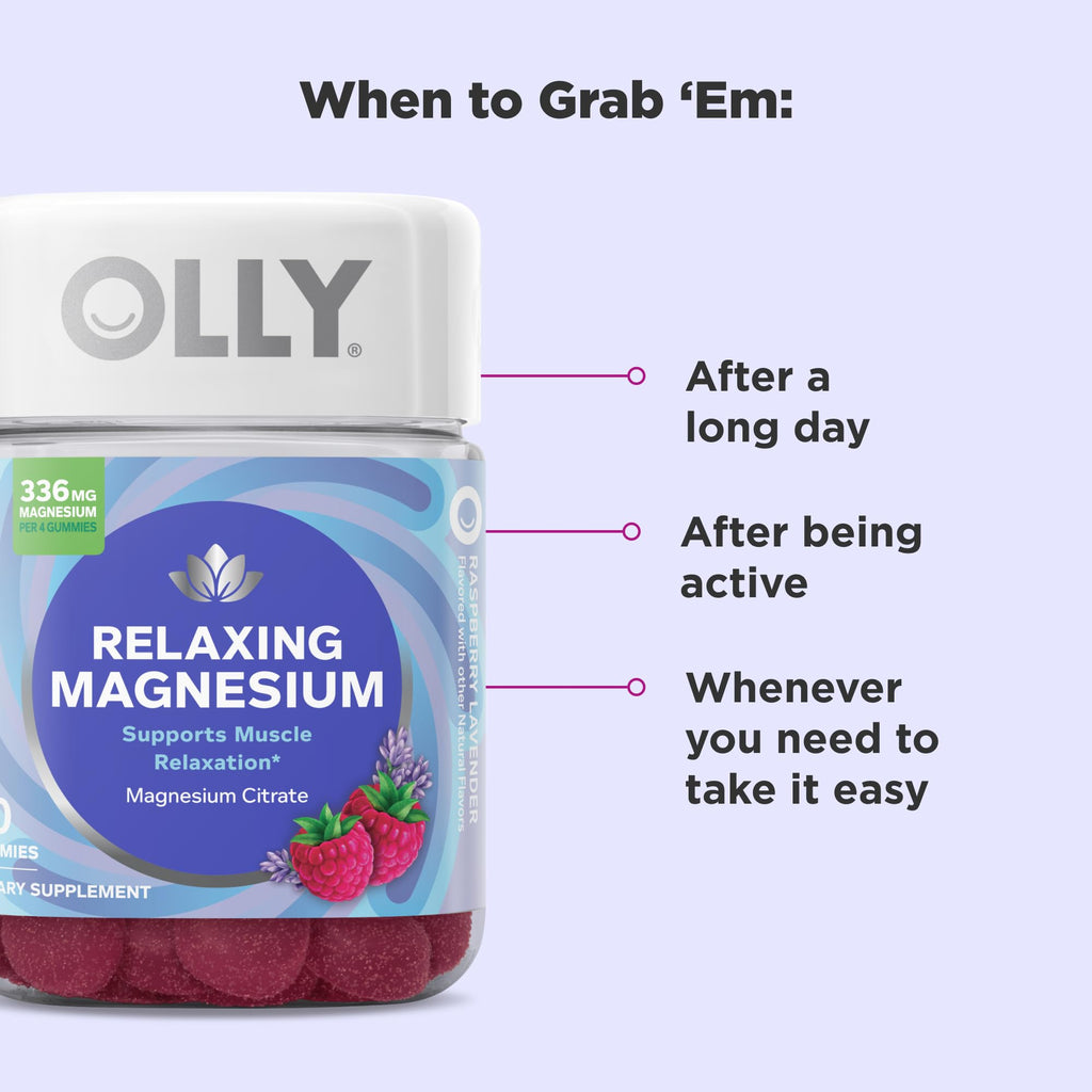OLLY Relaxing Magnesium Gummies, Supports Muscle Relaxation*, Magnesium Citrate, Raspberry Lavender Flavor, 15 Day Supply - 60 Count - FENGGESTORE20