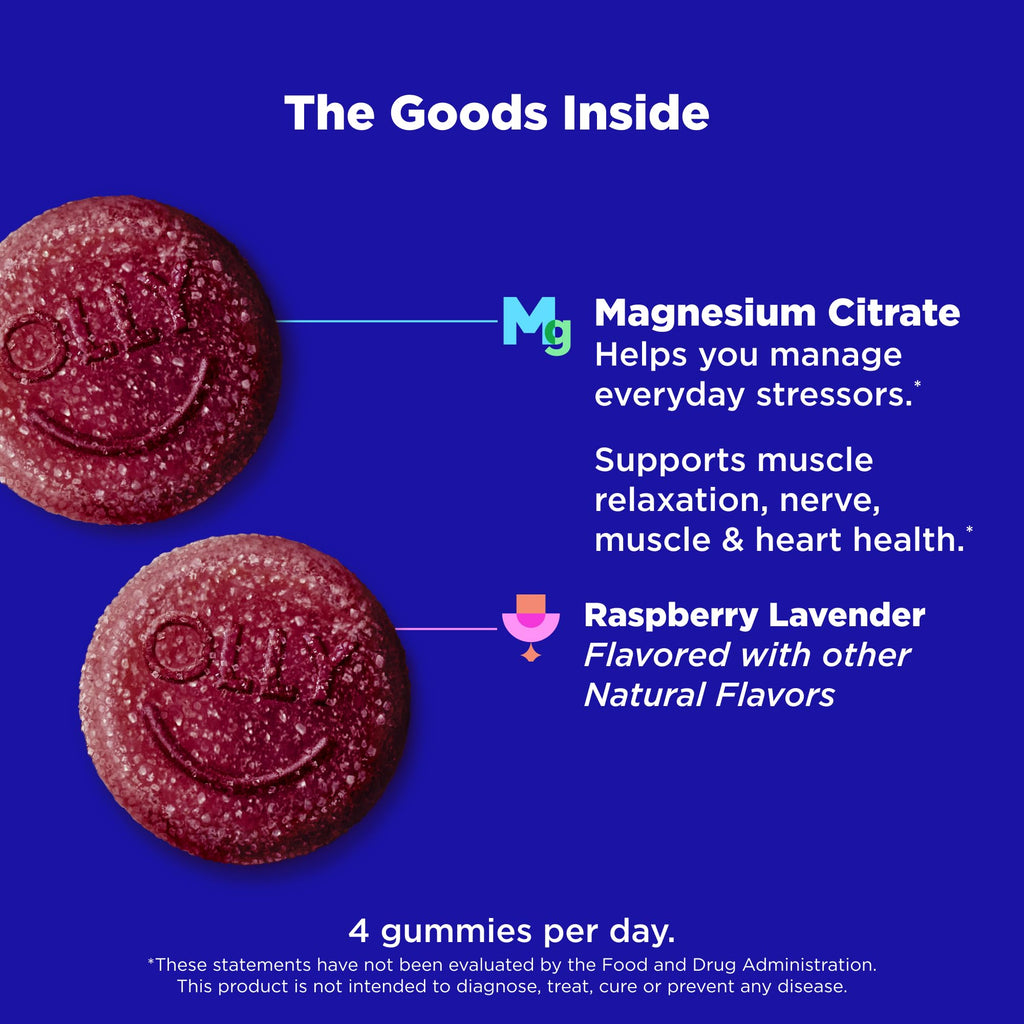 OLLY Relaxing Magnesium Gummies, Supports Muscle Relaxation*, Magnesium Citrate, Raspberry Lavender Flavor, 15 Day Supply - 60 Count - FENGGESTORE20