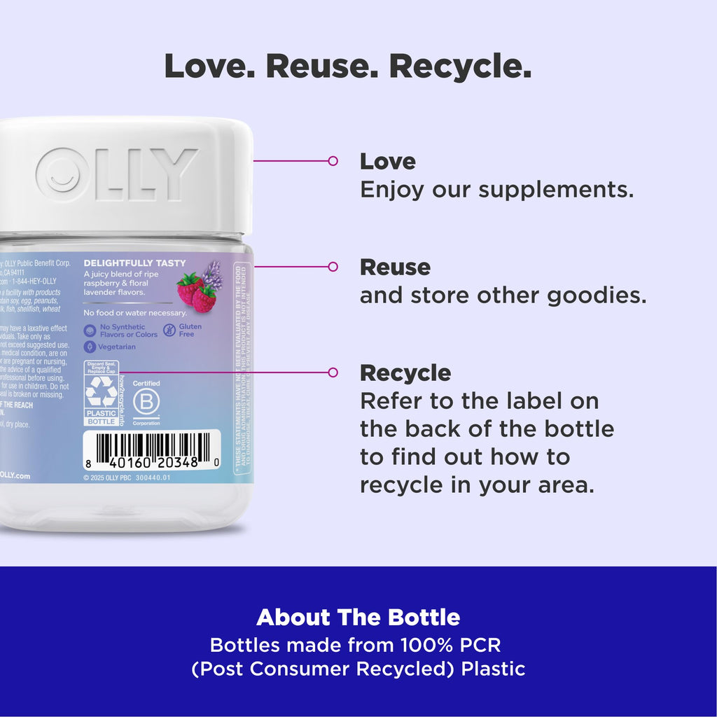 OLLY Relaxing Magnesium Gummies, Supports Muscle Relaxation*, Magnesium Citrate, Raspberry Lavender Flavor, 15 Day Supply - 60 Count - FENGGESTORE20
