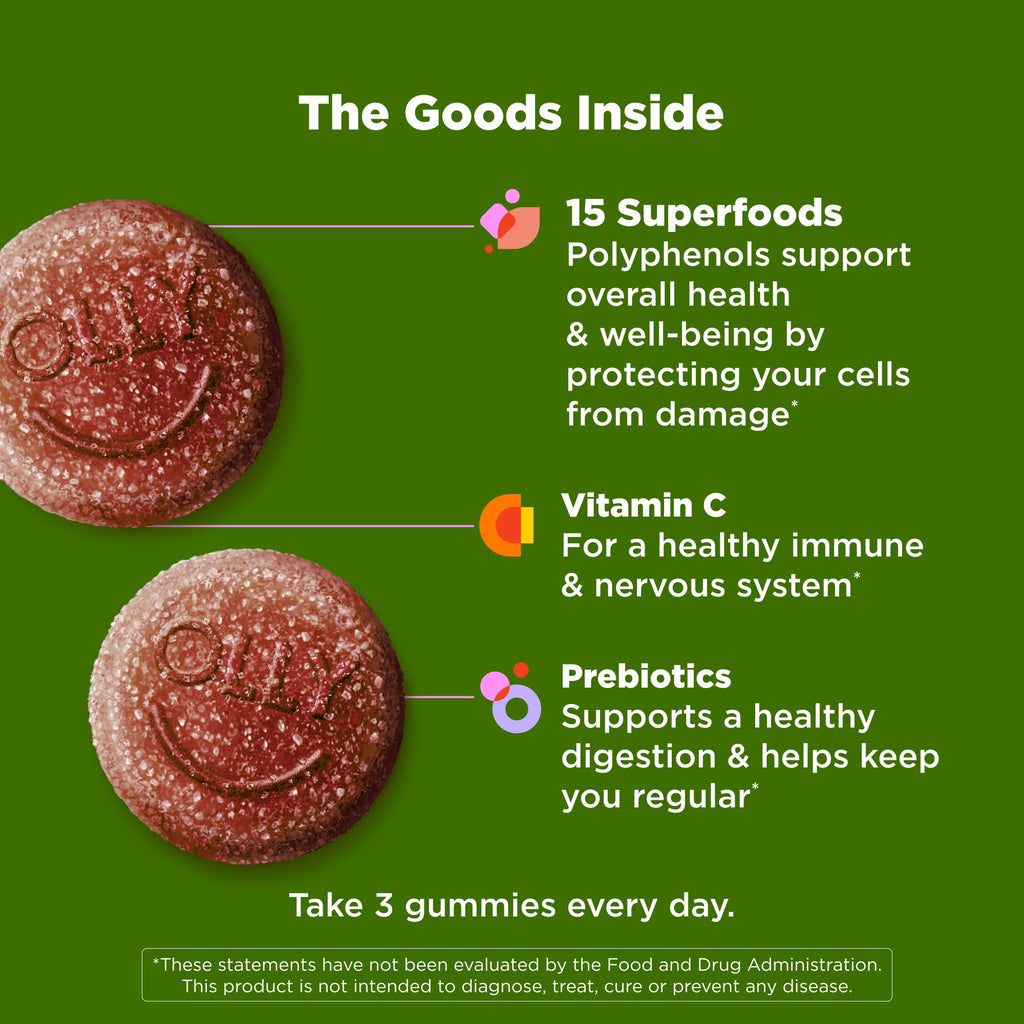 OLLY Supergood Superfoods Gummies, Supports Immune System & Digestive Health,* 15 Superfoods, Prebiotics, Vitamin C, Tropical Bliss Flavor - FENGGESTORE20
