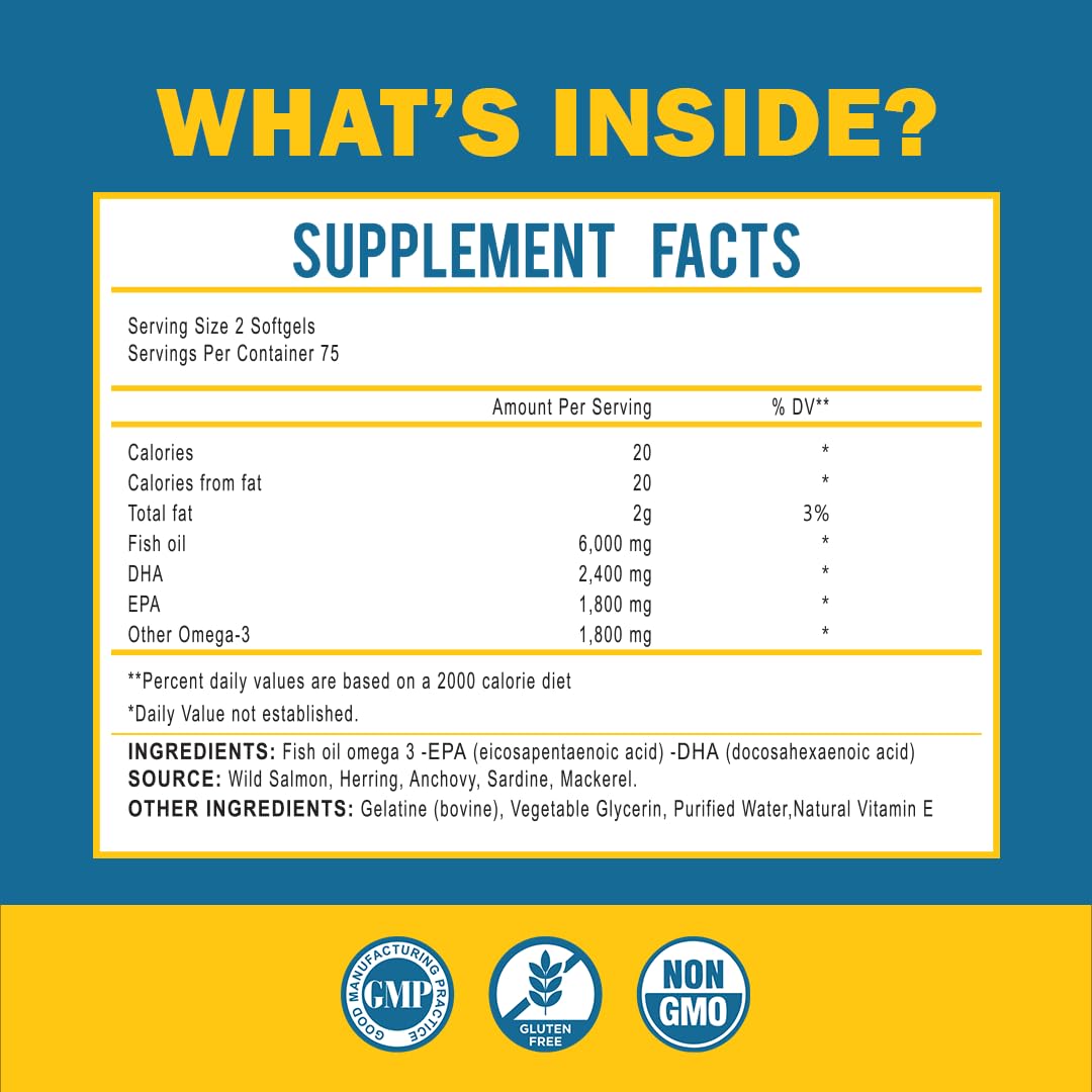 Omega 3 Fish Oil with Maximum EPA DHA - Supports Brain, Liver, Heart & Immunity - Made in The USA - 150 Softgels - FENGGESTORE20