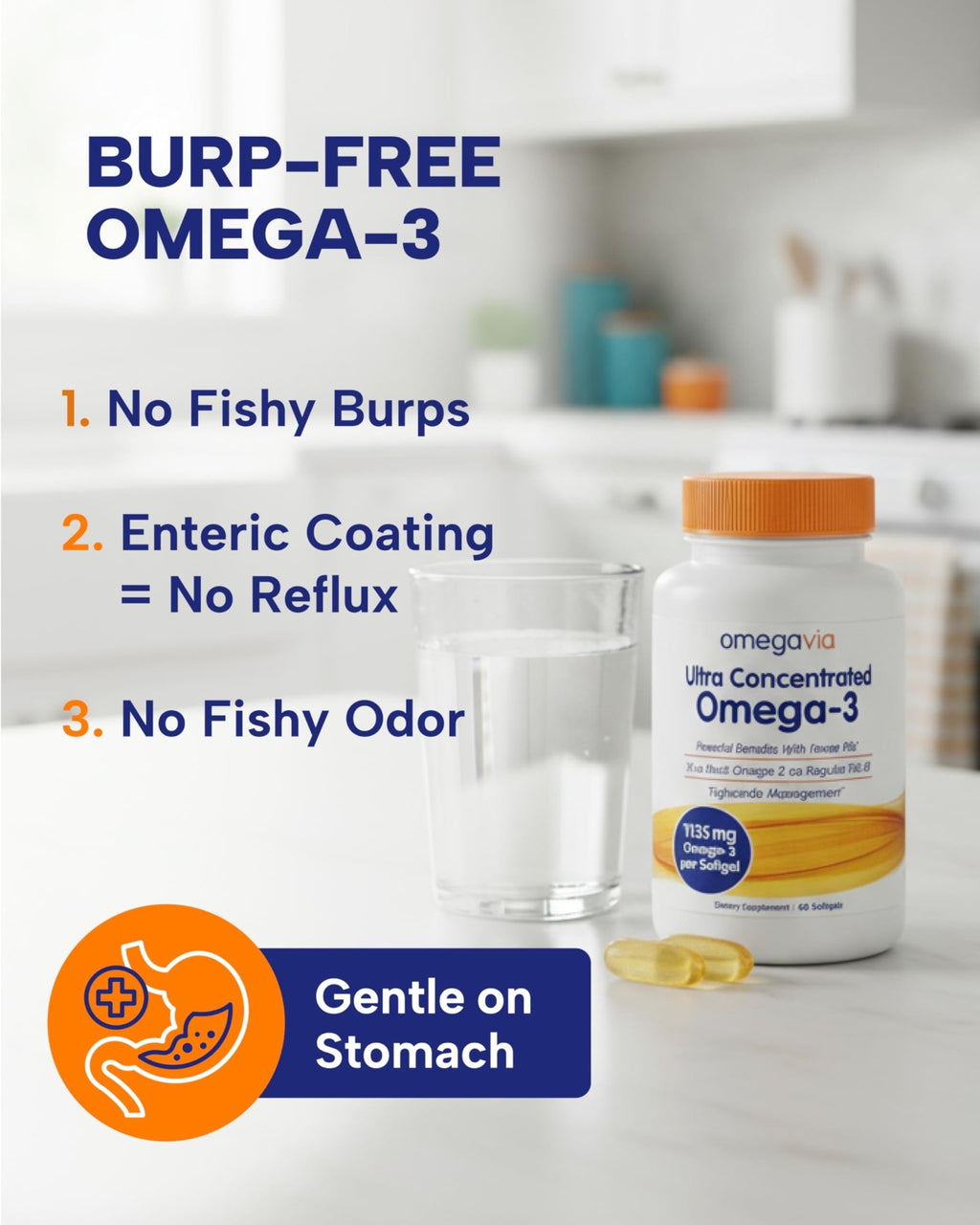 OmegaVia Ultra Concentrated Omega 3 Fish Oil Burpless, 60 Softgels, Triple Strength Omega 3 Fish Oil Supplements, 1135 mg Pure Omega3 - FENGGESTORE20