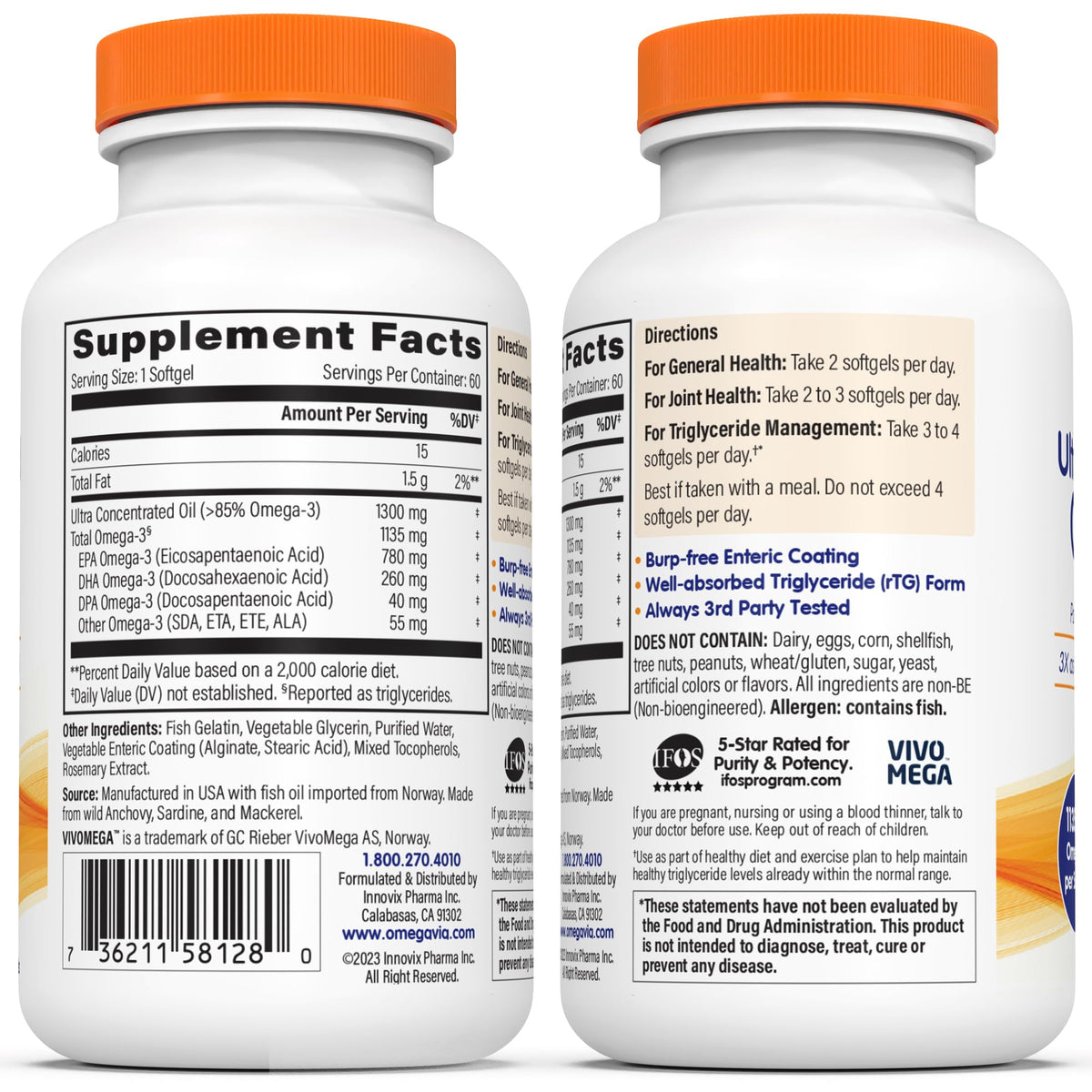 OmegaVia Ultra Concentrated Omega 3 Fish Oil Burpless, 60 Softgels, Triple Strength Omega 3 Fish Oil Supplements, 1135 mg Pure Omega3 - FENGGESTORE20