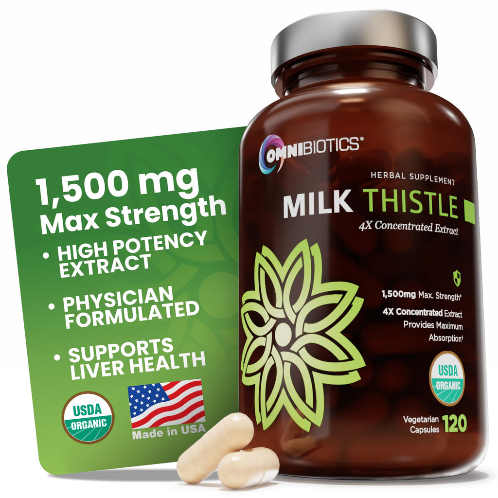 OmniBiotics Organic Milk Thistle Supplement 1500mg – 4X Concentrated Extract with Silymarin – High Potency Liver Detox & Support - FENGGESTORE20
