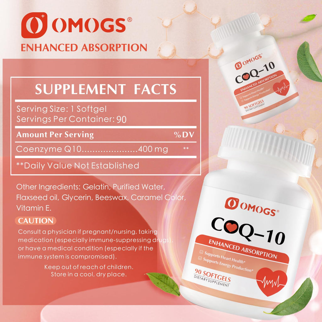 OMOGS CoQ10 400mg Softgels, Coenzyme Q10 High Absorption Supplements Support Heart Health, Cardiovascular Health, Immune System - FENGGESTORE20