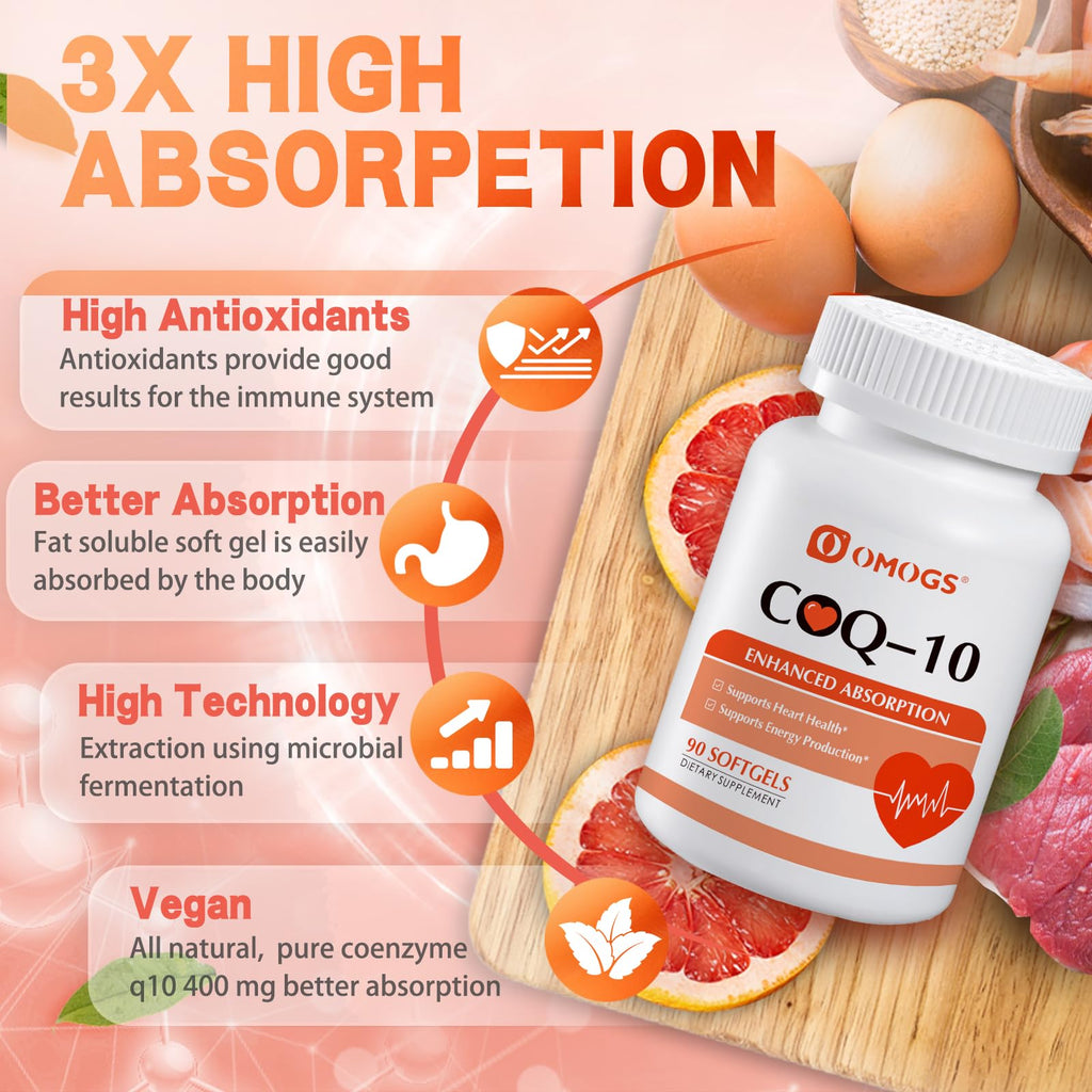 OMOGS CoQ10 400mg Softgels, Coenzyme Q10 High Absorption Supplements Support Heart Health, Cardiovascular Health, Immune System - FENGGESTORE20