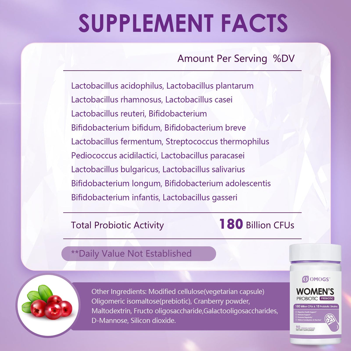 OMOGS Women's Probiotic 180 Billion CFUs 18 Strains, with Organic Prebiotics, Cranberry Extract, D-Mannose & Digestive Enzymes, for Digestive, Boost Immune, - FENGGESTORE20