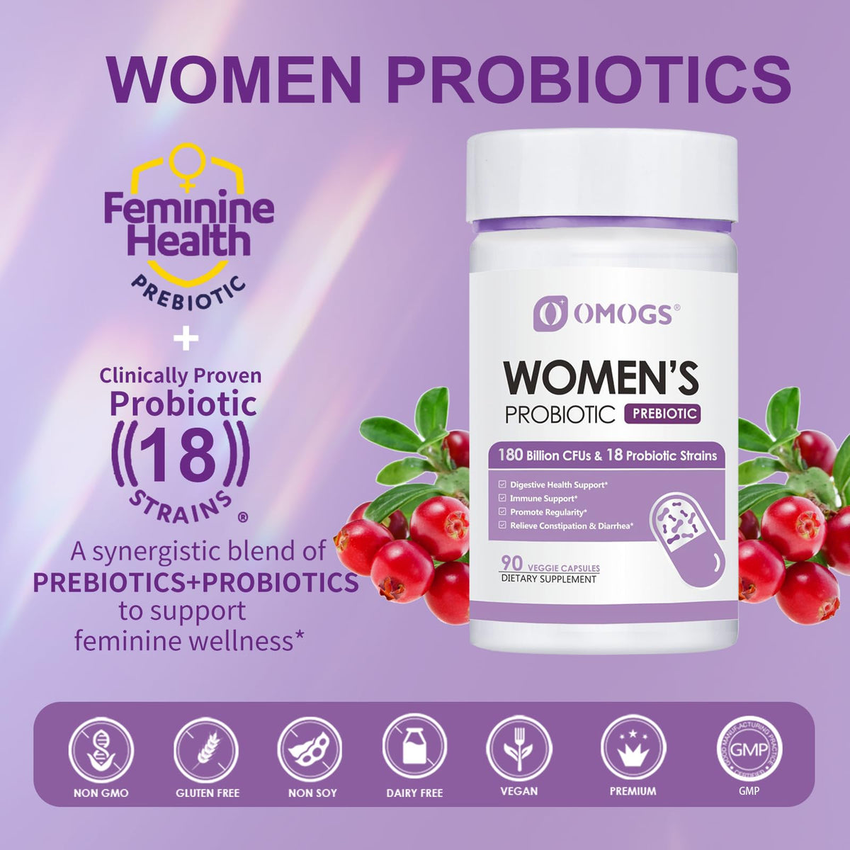 OMOGS Women's Probiotic 180 Billion CFUs 18 Strains, with Organic Prebiotics, Cranberry Extract, D-Mannose & Digestive Enzymes, for Digestive, Boost Immune, - FENGGESTORE20