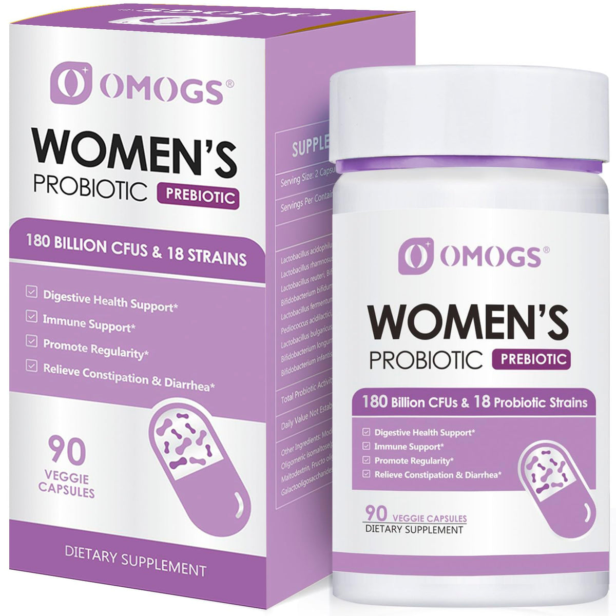 OMOGS Women's Probiotic 180 Billion CFUs 18 Strains, with Organic Prebiotics, Cranberry Extract, D-Mannose & Digestive Enzymes, for Digestive, Boost Immune, - FENGGESTORE20