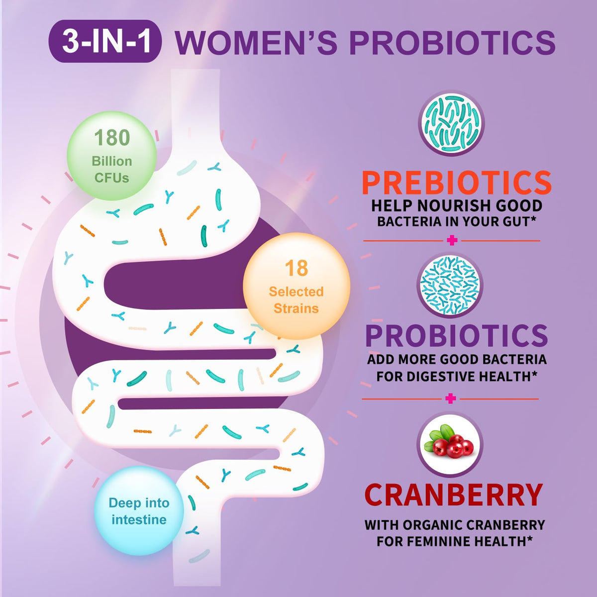 OMOGS Women's Probiotic 180 Billion CFUs 18 Strains, with Organic Prebiotics, Cranberry Extract, D-Mannose & Digestive Enzymes, for Digestive, Boost Immune, - FENGGESTORE20