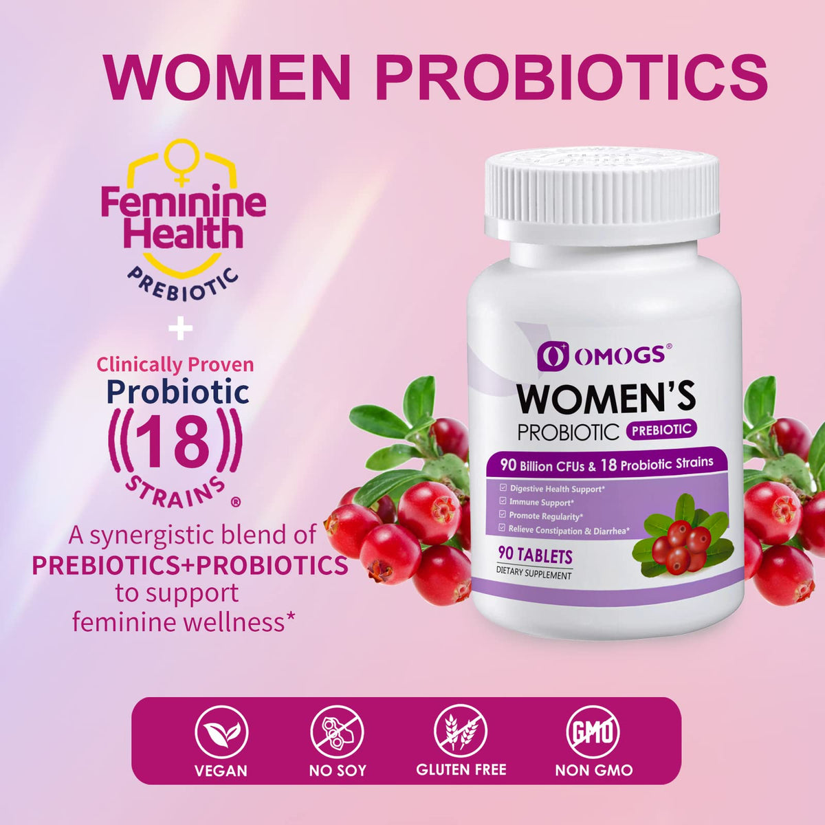 OMOGS Women's Probiotic, with Cranberry Extract, Organic Prebiotics & Vitamin C, 90 Billion CFUs,18 Strains, Help for Boost Immune, Digestive, Gut Health & Women's Health - FENGGESTORE20